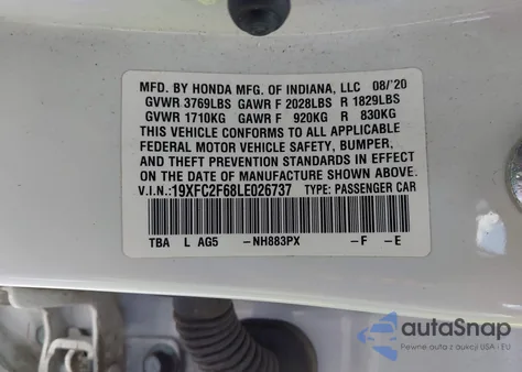 2020 Honda Civic Lx из США, поврежденный, VIN 19XFC2F68LE026737